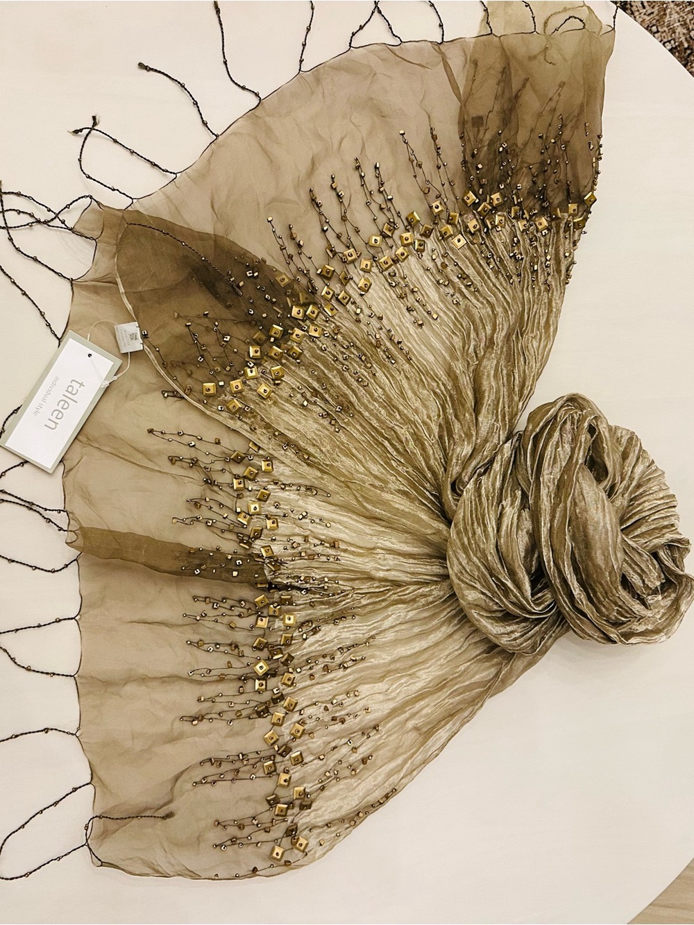 Olive Green Beaded Metallic Shawl Scarf